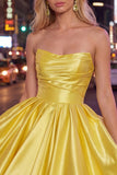 Yellow A Line Satin Strapless Homecoming Dress
