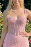 Pink Bodycon Ruched Beaded Corset Homecoming Dress with Sash
