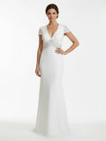 Modest Simple Sheath Short Sleeve Empire Floor Length Sweep Train Chiffon V neck Wedding Dress