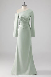 Sage Sheath One Shoulder Satin Long Bridesmaid Dress with Long Sleeves