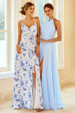 Blue Sheath Column Spaghetti Straps Floral Print Bridesmaid Dress