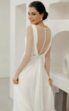 A Line Chiffon Maxi Wedding Dress Minimalist Sleeved Pearl Button Low Back Bridal Gown