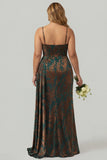 Dark Green Floral Burnout Velvet Mermaid Corset Streamer Plus Size Bridesmaid Dress with Slit