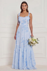 Blue Floral A Line Square Neck Long Bridesmaid Dress