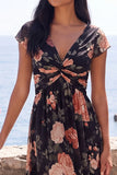 Black V Neck Floral Wedding Guest Dress with Twist Front