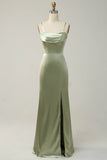 Green Sheath Convertible Strapless Satin Floor Length Dress with Slit
