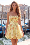 Yellow A Line Strapless Floral Homecoming Dress with Lace up Back