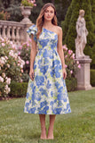 One Shoulder Blue Floral A Line Ruffled Midi Wedding Guest Dress