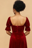 Burgundy Flare Sleeves Velvet Bridesmaid Dress with Slit