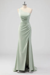 Sage Green Sheath One Shoulder Satin Long Bridesmaid Dress with Slit