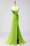 Green Strapless Mermaid 3D Flower Satin Long Prom Dress with Slit