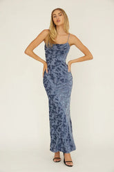 MEREDITH MAXI SLATE BLUE FLORAL BURNOUT DRESS