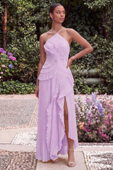 Lilac Halter A Line Pleated Ruffled Bridesmaid Dress with Slit