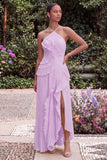 Lilac Halter A Line Pleated Ruffled Bridesmaid Dress with Slit
