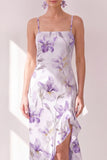 Lilac Flower Chiffon Ruffled Sheath Midi Dress with Slit