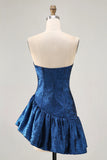 Metallic Dark Blue A Line Asymmetrical Short Homecoming Dress with Ruffles