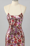 Red Flower Sequins Bodycon Spaghetti Straps Homecoming Dress with Lace Up Back