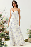 White Purple Flower A Line Spaghetti Straps Chiffon Long Bridesmaid Dress