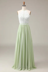 Dusty Sage A Line Halter Neck Lace and Chiffon Floor Length Bridesmaid Dress