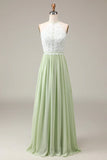 Dusty Sage A Line Halter Neck Lace and Chiffon Floor Length Bridesmaid Dress