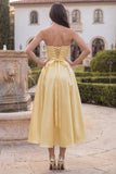 Strapless Yellow A Line Satin Midi Wedding Guest Dress