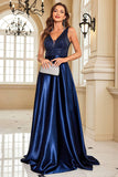 Sparkly Navy A Line V Neck Sequins Satin Formal Dress with Pockets