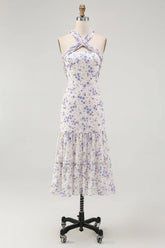 Blue Floral Halter Neck A Line Tiered Chiffon Midi Dress