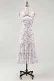 Blue Floral Halter Neck A Line Tiered Chiffon Midi Dress