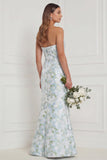 Strapless Mermaid Blue White Floral Printed Bridesmaid Dress