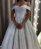 Shiny Silver Sequin A Line Wedding Dresses Off the Shoulder
