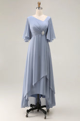 Dusty Blue A Line Chiffon V Neck Ruched Mother Of The Bride Dress with Short Sleeves