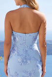 Light Blue Halter Bodycon Floral Short Homecoming Dress