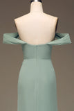 Dusty Sage Sheath Off the Shoulder Pleated Long Chiffon Bridesmaid Dress With Slit