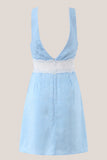 Blue V Neck Lace Cotton Sheath Mini Dress