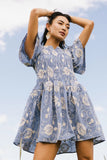 Priya Embroidered Mini Dress in Blue