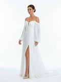 A Line Sweetheart Long Sleeves Chiffon Sweep Train Wedding Dress