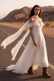 Off the Shoulder Ivory A Line Ruffled High Low Wedding Dress with Sash