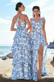White Blue Flower A Line Square Neck Long Bridesmaid Dress with Slit