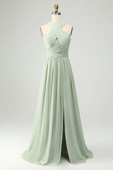 Dusty Sage A Line Halter Pleated Long Maternity Bridesmaid Dress with Slit