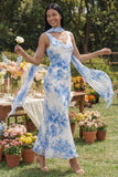 Blue Floral Cowl Neck Wedding Guest Dress with Sash