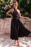Black Halter Pleated A Line Wedding Guest Dress with Slit