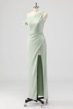 Sage Green Sheath One Shoulder Satin Ruched Long Bridesmaid Dress with Slit