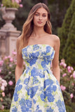 Blue Floral Strapless A Line Midi Wedding Guest Dress with Pockets