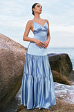 Sky Blue A Line Spaghetti Straps Satin Long Bridesmaid Dress with Ruffles