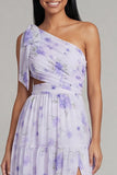 One Shoulder Bowed Cut Out Floral A Line Lilac Wedding Guest Dress
