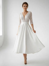 Satin V neck A Line Tea length Wedding Dress with Ruching and Sash