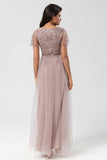 A Line V Neck Embroidered Tulle Dusty Pink Bridesmaid Dress with Beading