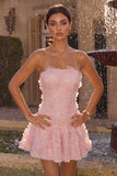 Pink Beaded A Line Strapless Short Homecoming Dress