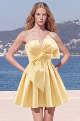 Strapless A Line Short Yellow Homecoming Dress with Lace up Back