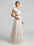 Short Sleeve V neck Pleated Long Lace Wedding Dress
